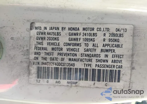2013 Acura Tsx 2.4 z USA, uszkodzony, nr VIN JH4CU2F40DC013549